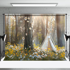 Aperturee - Spring Floral Tent Trunk Sunlight Forest Backdrop