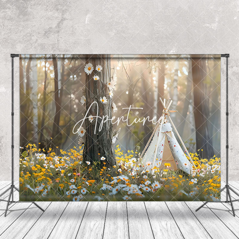 Aperturee - Spring Floral Tent Trunk Sunlight Forest Backdrop