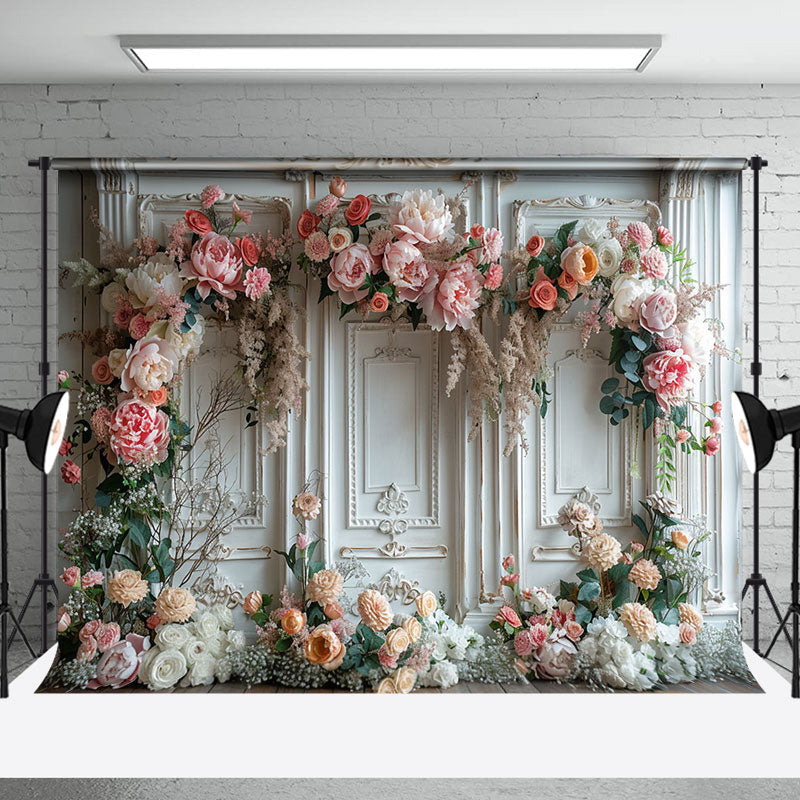 Aperturee - Spring Floral Vintage White Wall Wedding Backdrop