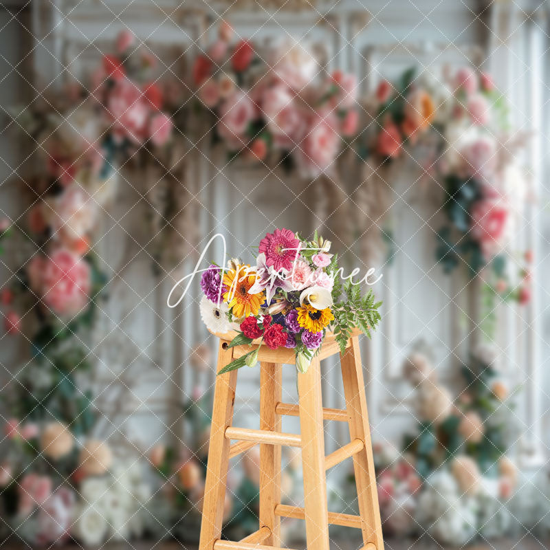 Aperturee - Spring Floral Vintage White Wall Wedding Backdrop