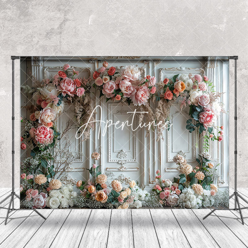 Aperturee - Spring Floral Vintage White Wall Wedding Backdrop