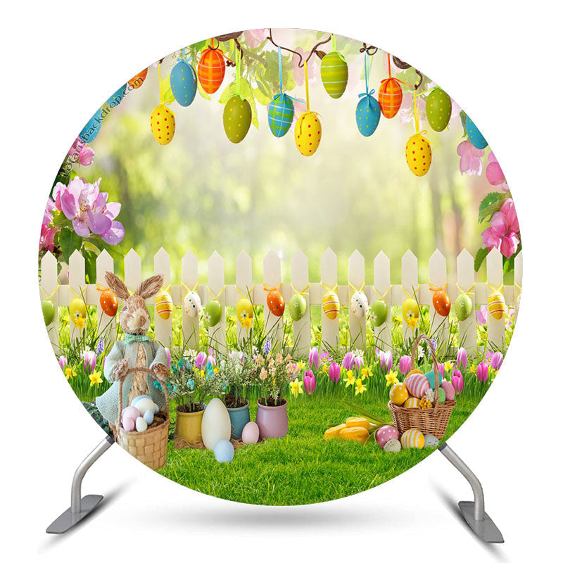 Aperturee Spring Flower Grass Egg Rabit Easter Round Backdrop