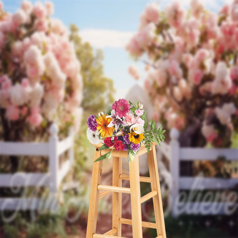 Aperturee - Spring Green Field White Fence Pink Spring Backdrop