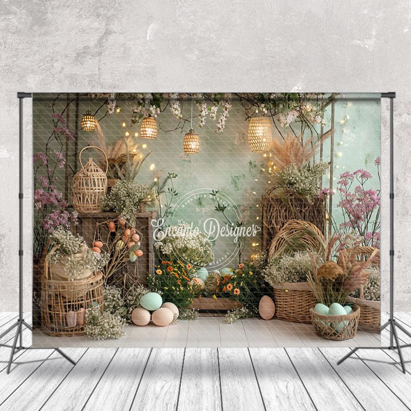 Aperturee - Spring Green Wall Floral Woven Basket Photo Backdrop