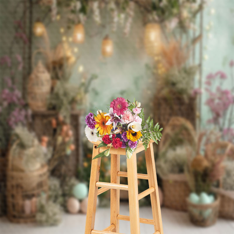 Aperturee - Spring Green Wall Floral Woven Basket Photo Backdrop