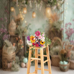 Aperturee - Spring Green Wall Floral Woven Basket Photo Backdrop