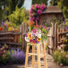 Aperturee - Spring Greenery Garden Wooden Door Photo Backdrop