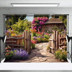 Aperturee - Spring Greenery Garden Wooden Door Photo Backdrop