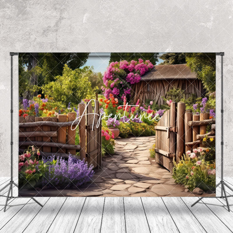 Aperturee - Spring Greenery Garden Wooden Door Photo Backdrop