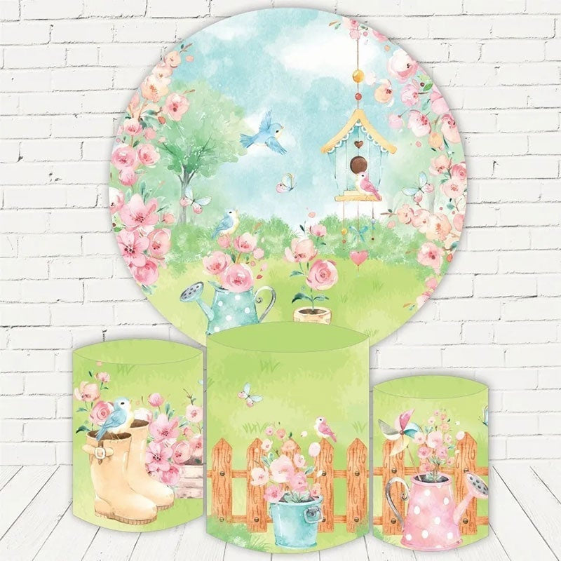 Aperturee Spring Pink Floral And Grass Round Birthday Backdrop Kit