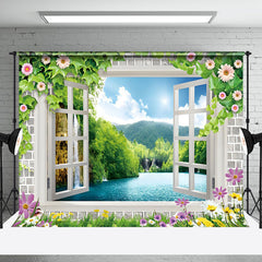 Aperturee - Spring White Window Floral Greeny Backdrop For Photo