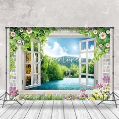 Aperturee - Spring White Window Floral Greeny Backdrop For Photo