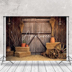 Aperturee - Stacked Hay Retro Brown Wooden Barn Door Backdrop