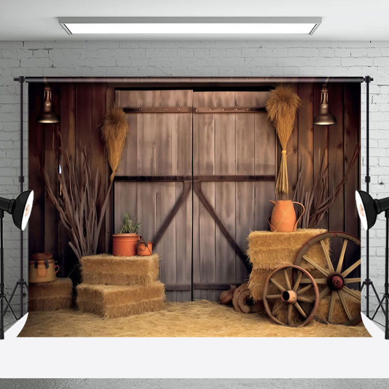 Aperturee - Stacked Hay Retro Brown Wooden Barn Door Backdrop