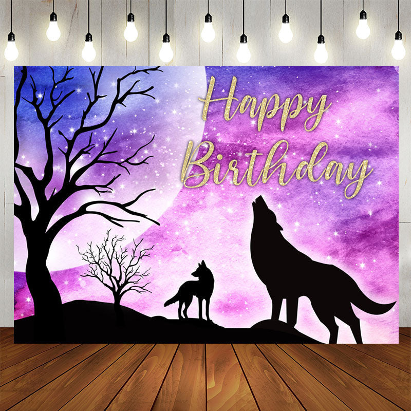 Aperturee - Starry Glitter Night Wolf Theme Happy Birthday Backdrop