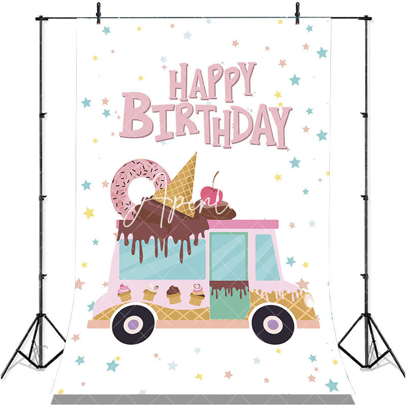 Aperturee - Stars Pink Sweet Icecream Donut Car Birthday Backdrop