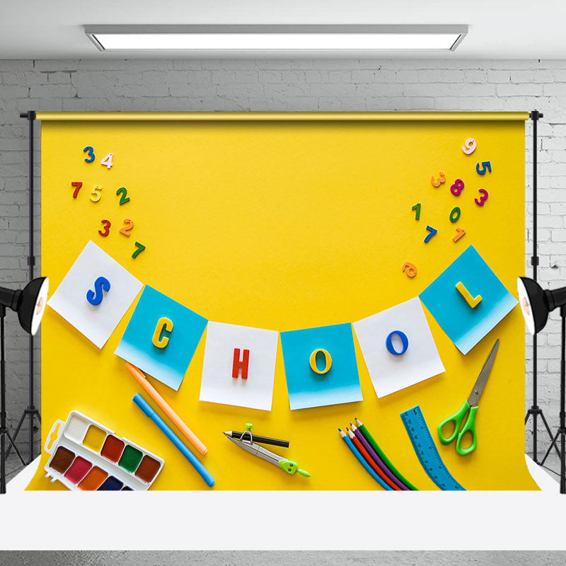 Aperturee - Stationery Numbers Yellow Back To School Backdrop