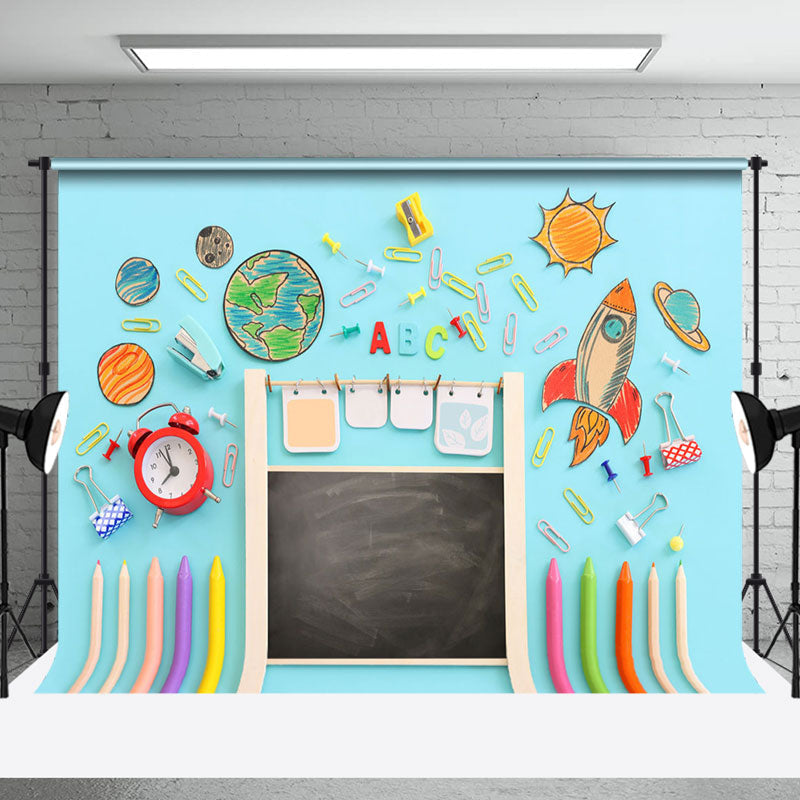 Aperturee - Stationery Planet Clock Blue Back To School Backdrop