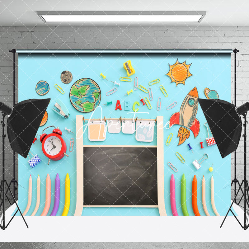 Aperturee - Stationery Planet Clock Blue Back To School Backdrop