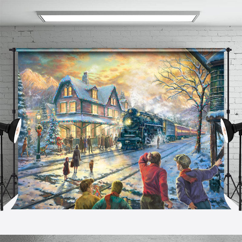 Aperturee - Steam Train Path Winter Town Christmas Backdrop