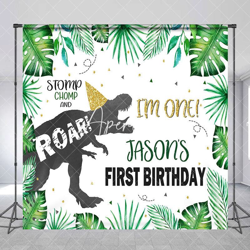 Aperturee - Stomp Dinosaur Leaves Custom 1st Birthday Backdrop