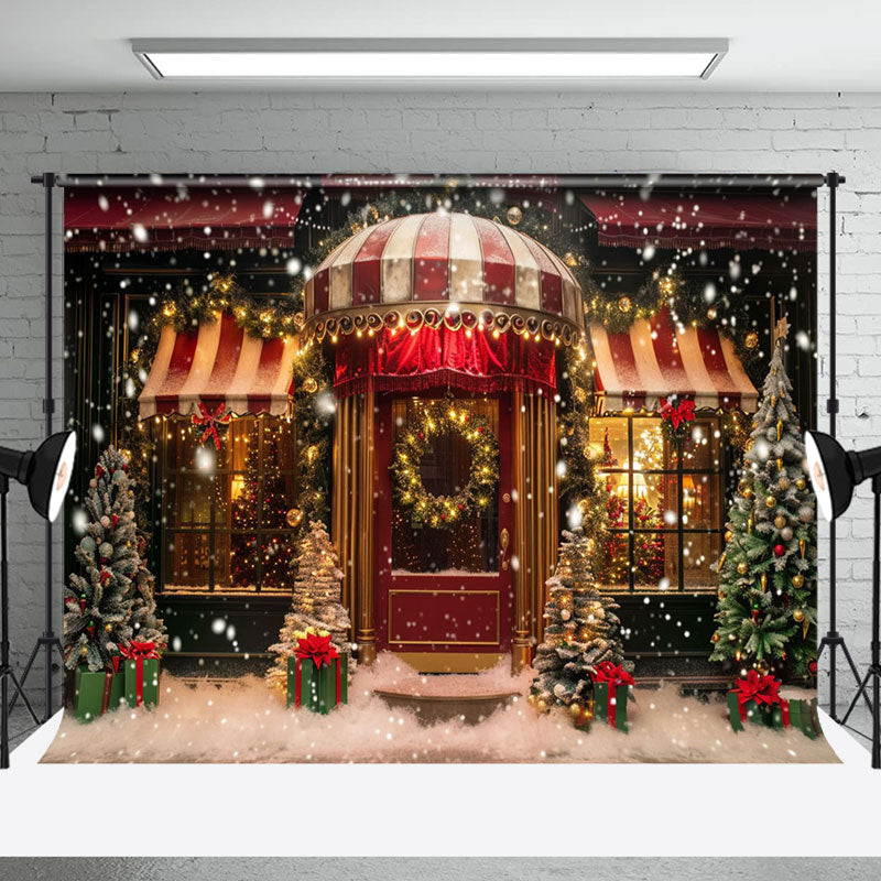 Aperturee - Store Door Gifts Snow Scene Trees Christmas Backdrop