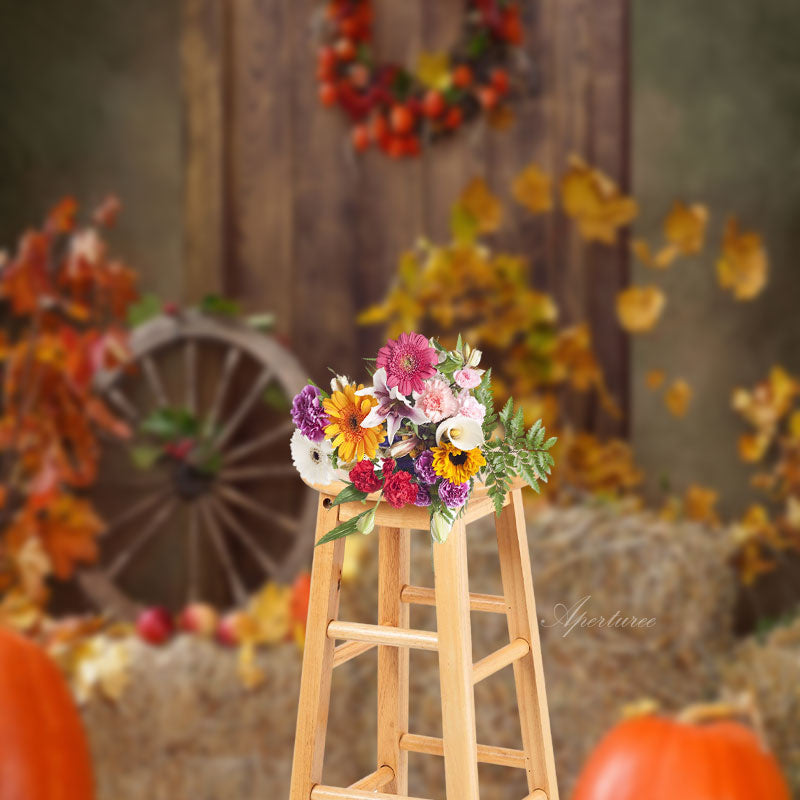 Aperturee - Straw Pumpkin Leaves Autumn Photo Sweep Backdrop