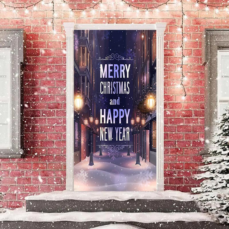 Aperturee - Street Lamp Building Snowy Door Cover For Christmas