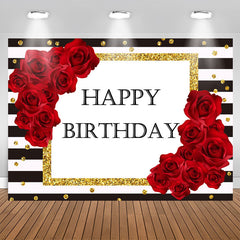 Aperturee - Stripes and Red Rose Gold Dots Happy Birthday Backdrop