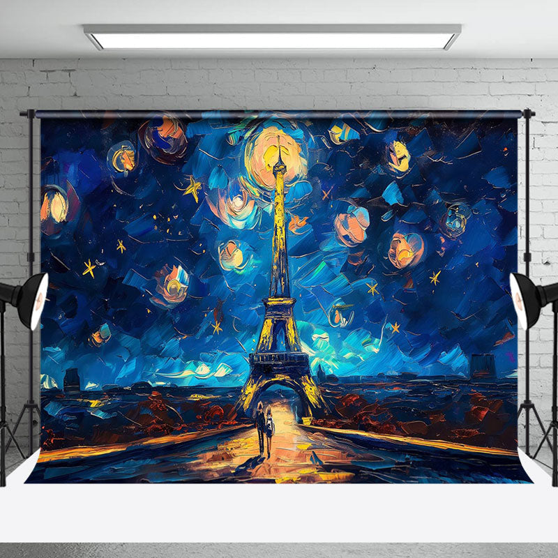 Aperturee - Stunning Night Oil Painting Eiffel Tower Backdrop