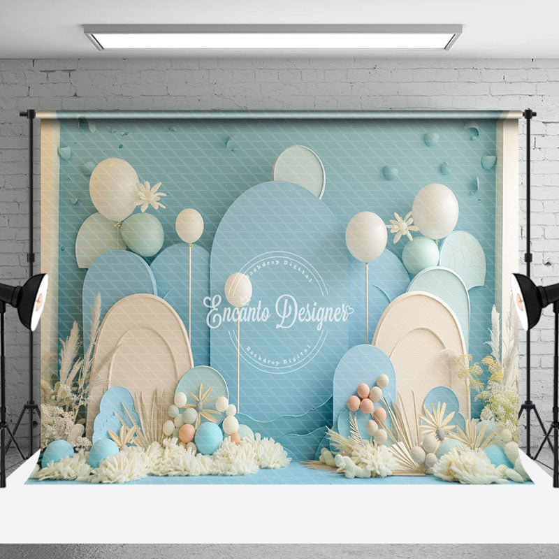 Aperturee - Summer Blue Beige Balloons Backdrop For Cake Smash