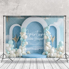 Aperturee - Summer Blue White Balloons Beach Cake Smash Backdrop