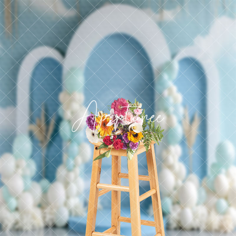 Aperturee - Summer Blue White Balloons Beach Cake Smash Backdrop