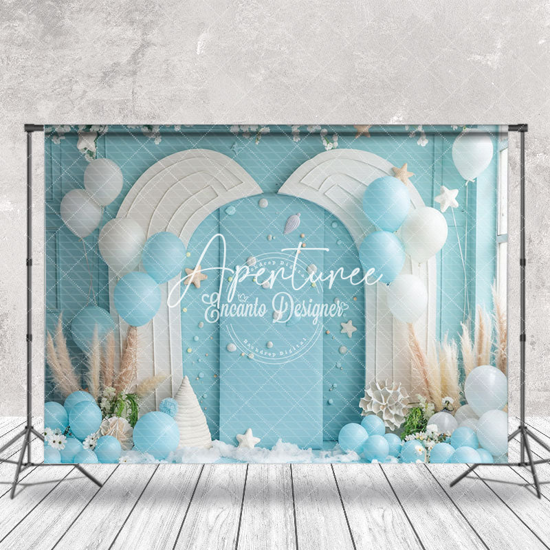 Aperturee - Summer Blue White Wall Balloons Cake Smash Backdrop