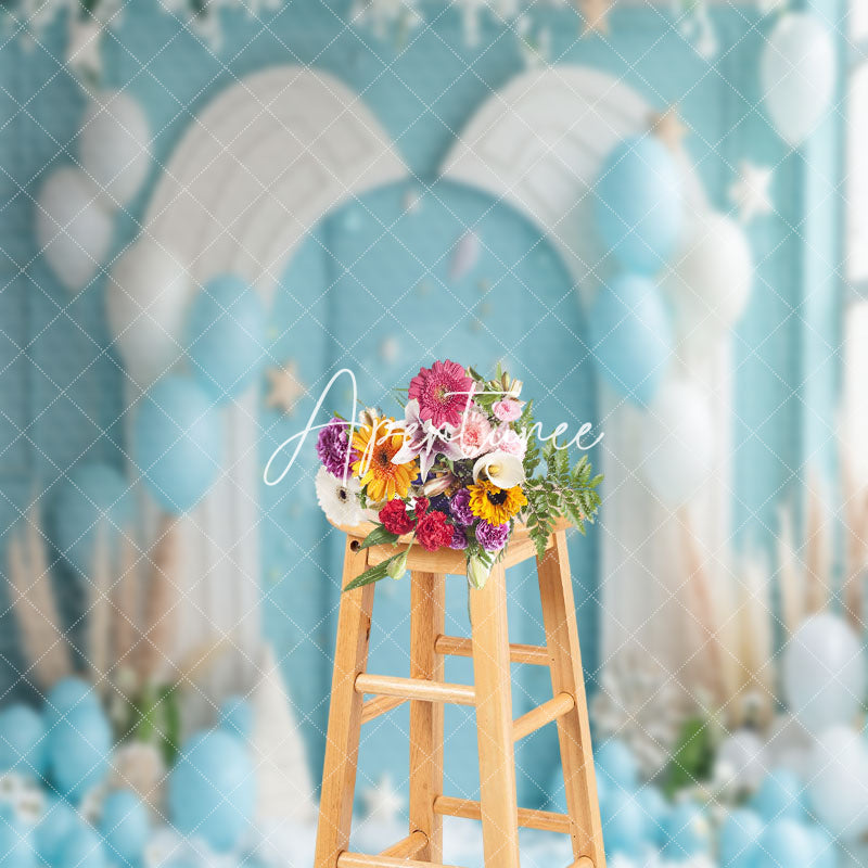 Aperturee - Summer Blue White Wall Balloons Cake Smash Backdrop