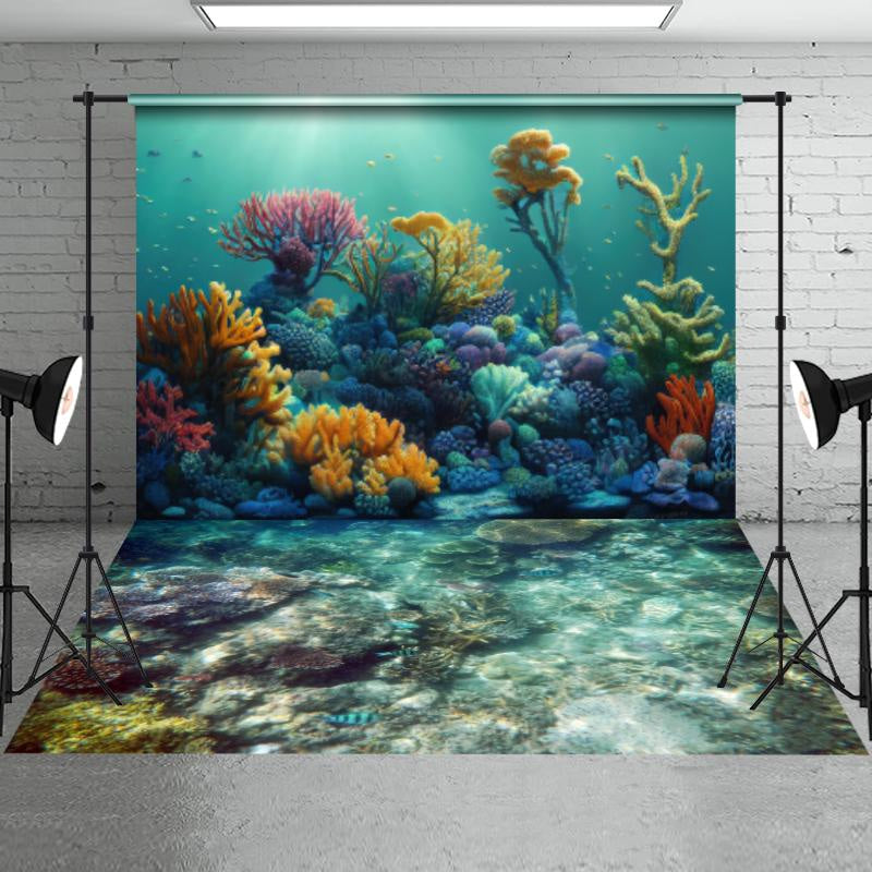 Aperturee - Summer Ocean Coral Reef Backdrop+Mermaid Cave Floor Mat