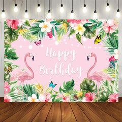 Aperturee - Summer Pink Tropical Flower Flamingos Birthday Backdrop