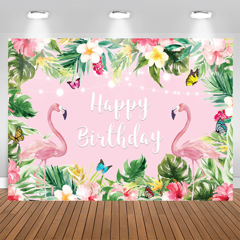 Aperturee - Summer Pink Tropical Flower Flamingos Birthday Backdrop