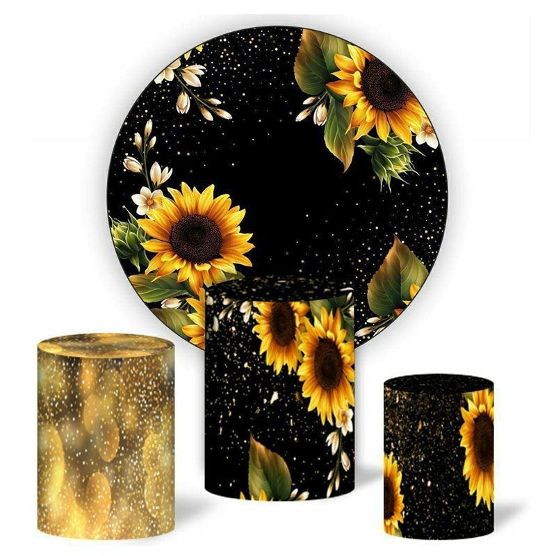 Aperturee Sunflower And Black Glitter Round Birthday Backdrop Kit