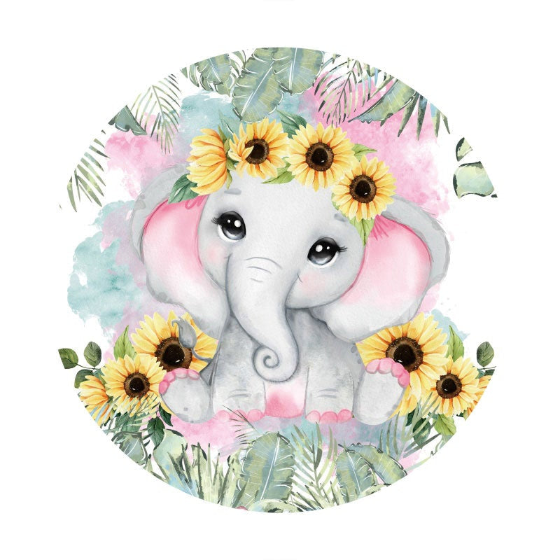 Aperturee - Sunflower And Elephant Round Baby Shower Backdrop