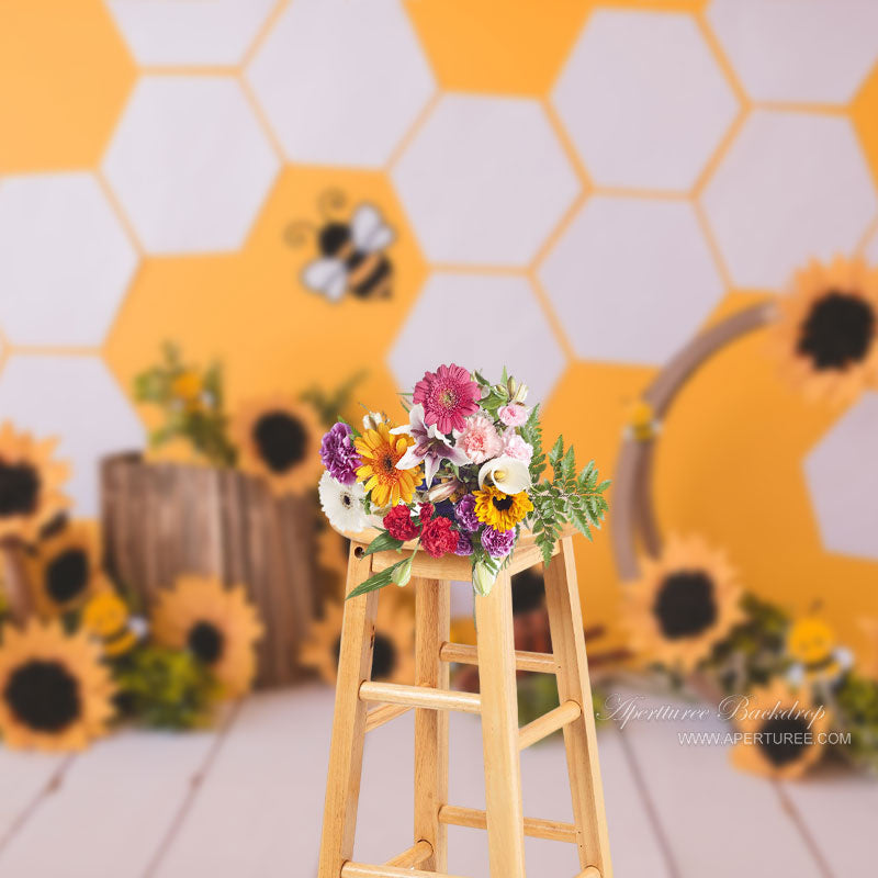 Aperturee - Sunflower Bee Wood Birthday Cake Smash Backdrops