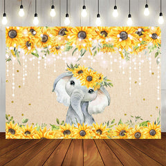 Aperturee - Sunflower Elephant Gold Glitter Lights Baby Shower Backdrop