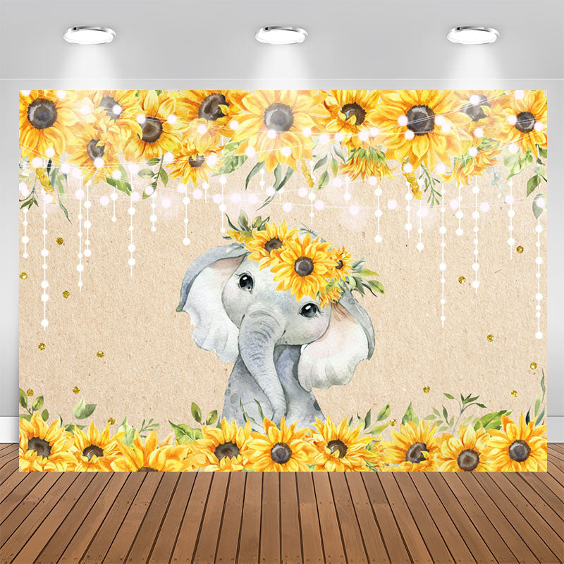 Aperturee - Sunflower Elephant Gold Glitter Lights Baby Shower Backdrop