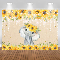 Aperturee - Sunflower Elephant Gold Glitter Lights Baby Shower Backdrop