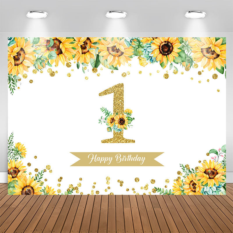 Aperturee - Sunflower Gold Glitter Happy 1st Birthday Backdrop for Girl