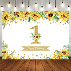 Aperturee - Sunflower Gold Glitter Happy 1st Birthday Backdrop for Girl