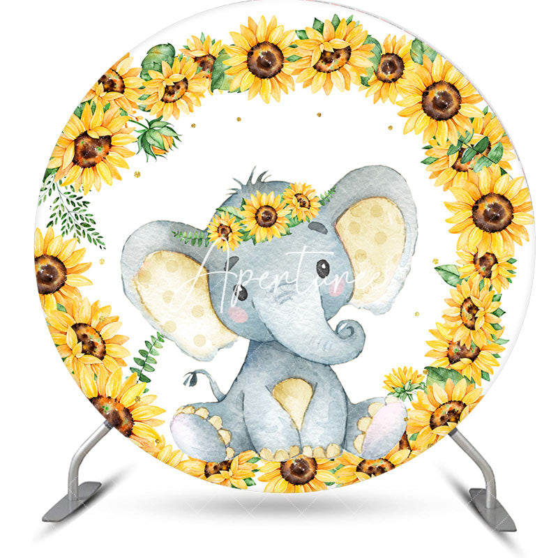 Aperturee - Sunflower Little Elephant Round Baby Shower Backdrop