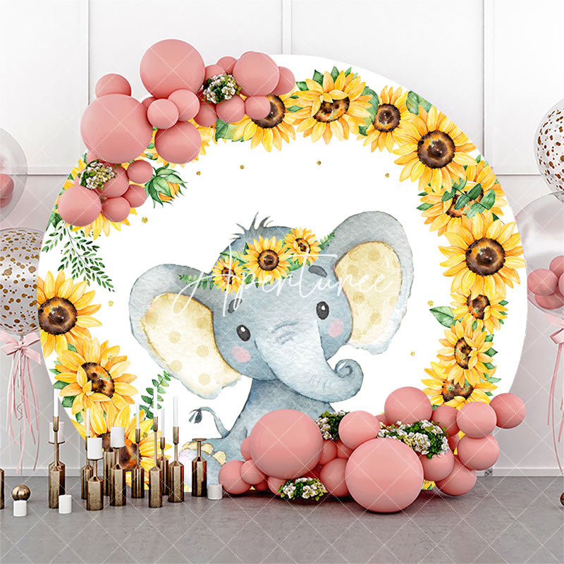 Aperturee - Sunflower Little Elephant Round Baby Shower Backdrop