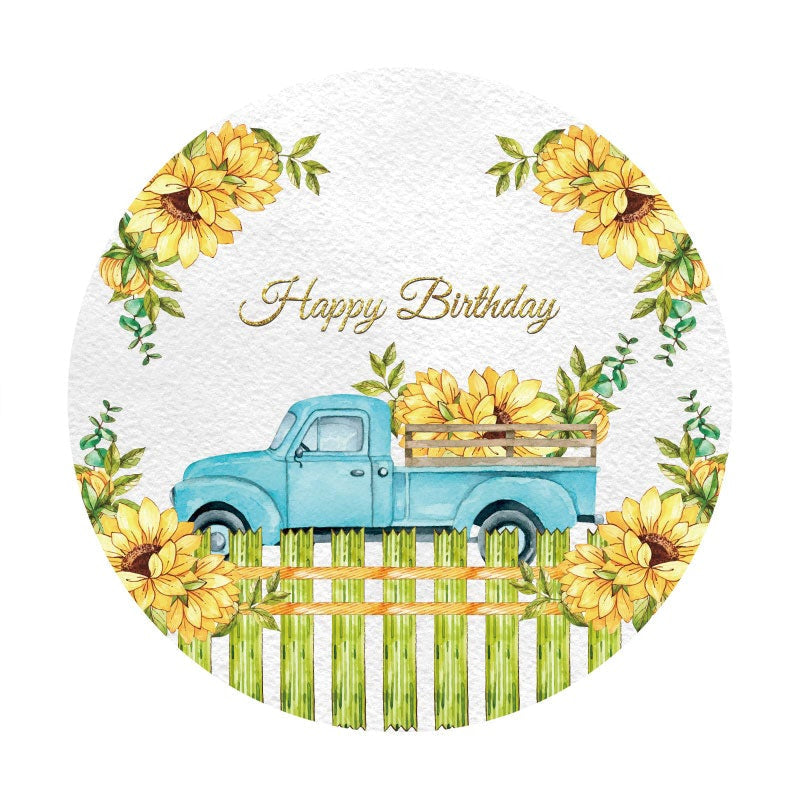 Aperturee - Sunflowers And Blue Truck Round Happy Birthday Backdrop