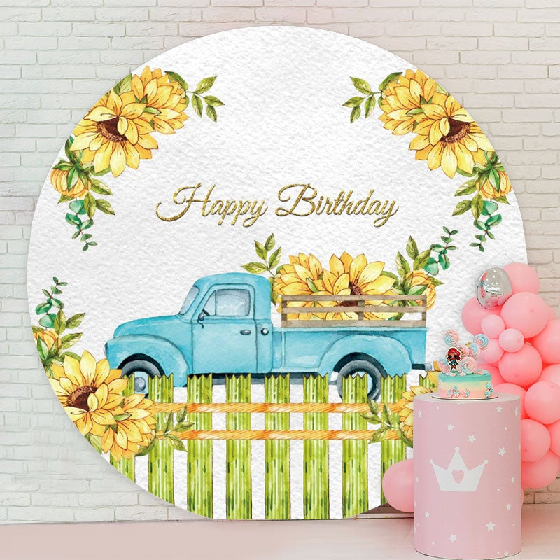 Aperturee - Sunflowers And Blue Truck Round Happy Birthday Backdrop